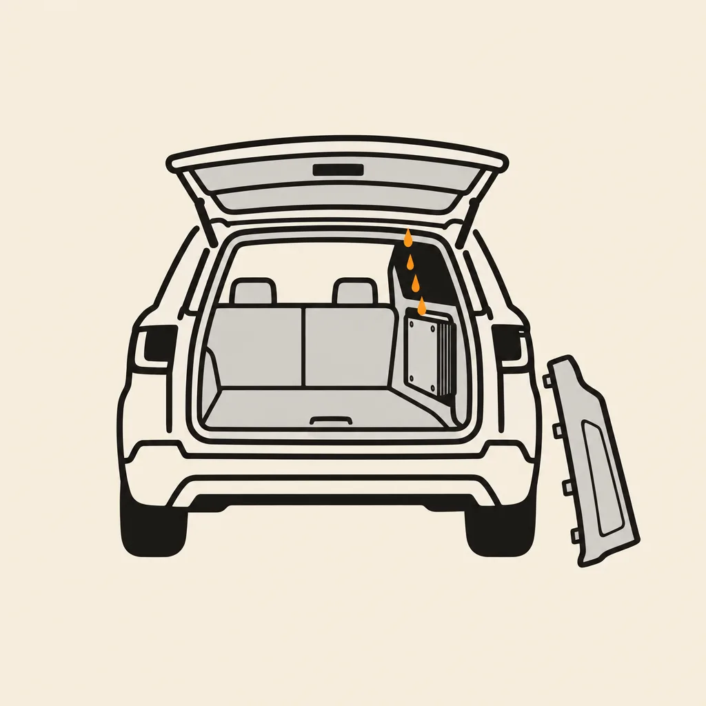Ilustrace: kufr SUV se sundaným bočním panelem, zesilovač pod bočním oknem a kapající voda
