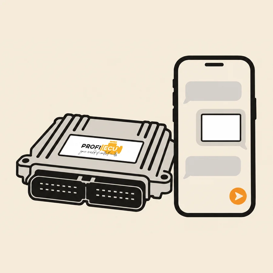 Ilustrace: řídicí jednotka s logem ProfiECU a telefon s odeslanou fotkou štítku