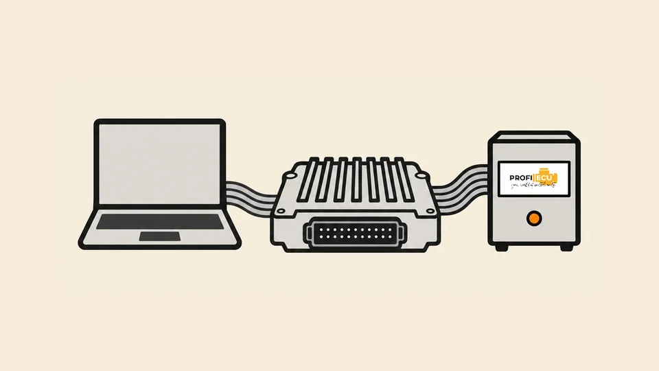 Ilustrace: notebook, řídicí jednotka a testovací přístroj ProfiECU propojené kabely