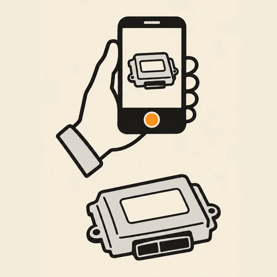 Ilustrace: telefon fotí štítek řídicí jednotky