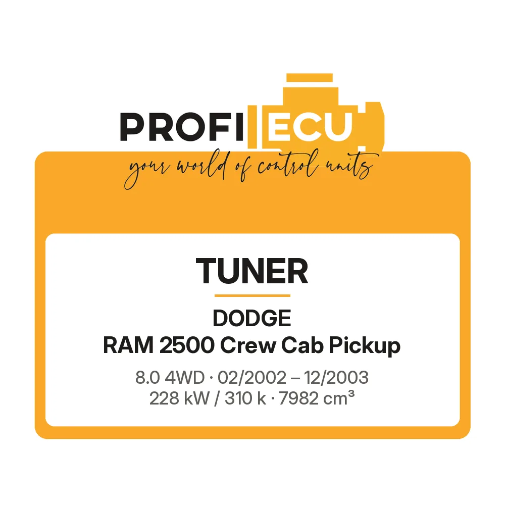 Etiketa ProfiECU: Tuner pro Dodge RAM 2500 Crew Cab Pickup 8.0 4WD 228 kW