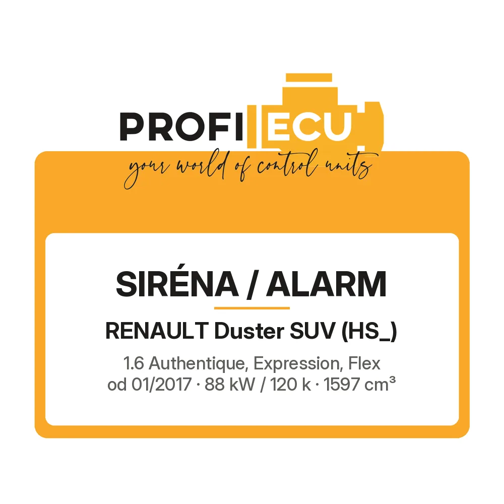 Etiketa ProfiECU: Siréna / Alarm pro Renault Duster SUV 1.6 Authentique, Expression, Flex 88 kW